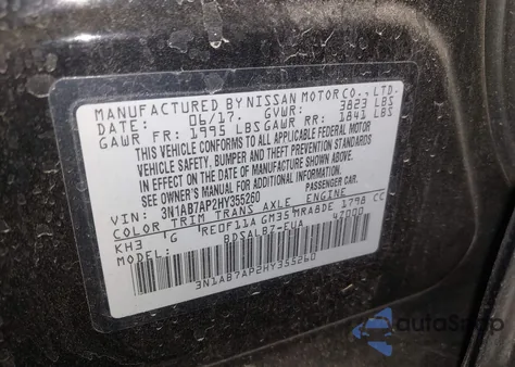 2017 Nissan Sentra S z USA, uszkodzony, nr VIN 3N1AB7AP2HY355260